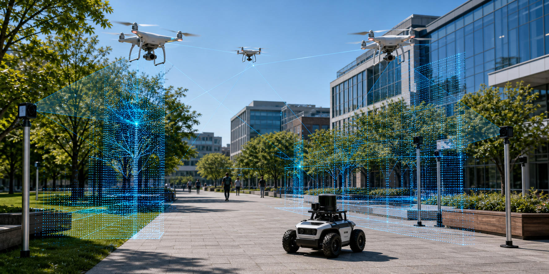 Multiple outdoor drones, a ground robot, multi-view cameras, and 3D spatial perception